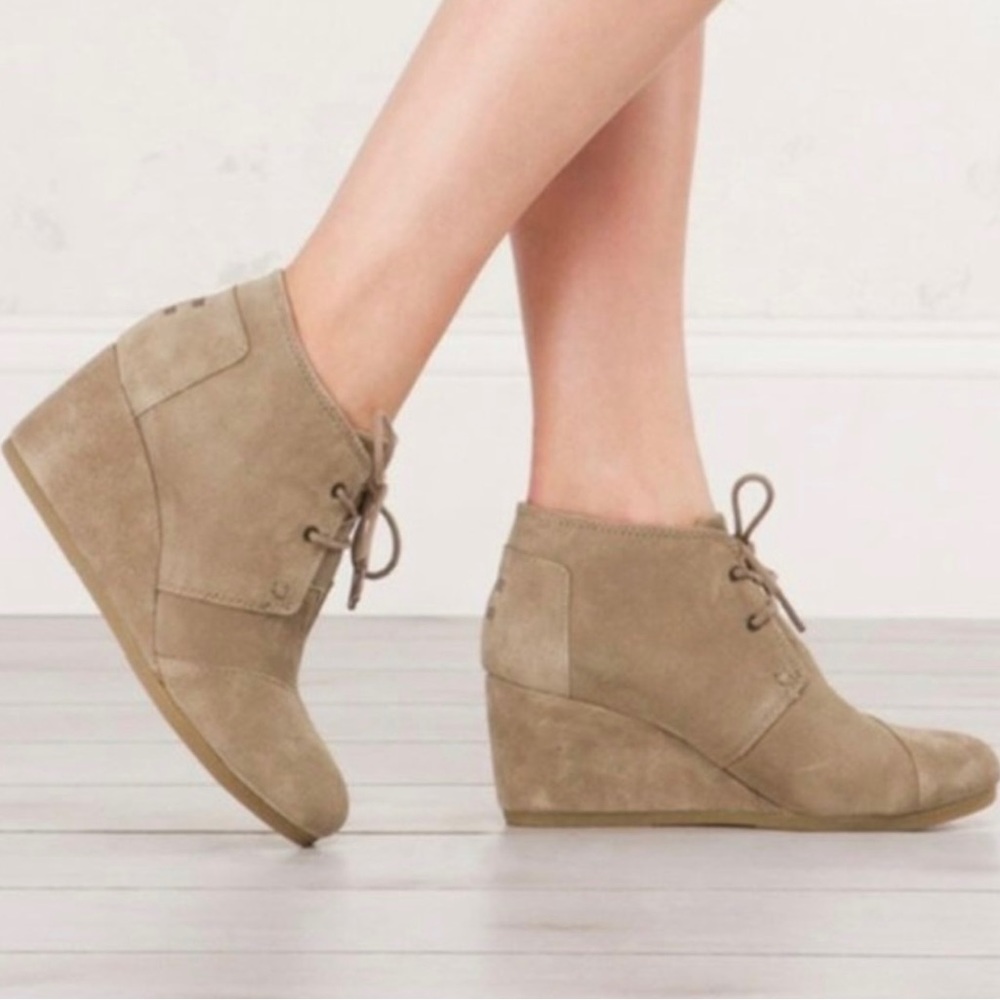 TOMS Tan Suede Desert Wedge Booties